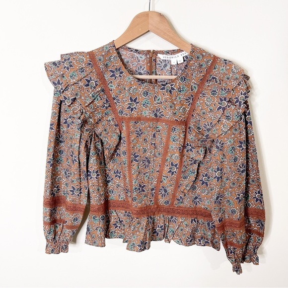 Veronica Beard Ruffle Balloon Sleeves Weslayan Blouse Top in Cinnamon Multi - Picture 4 of 10